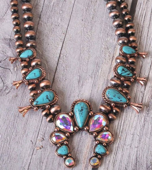 Rhinestone & Turquoise Squash Blossom Necklace