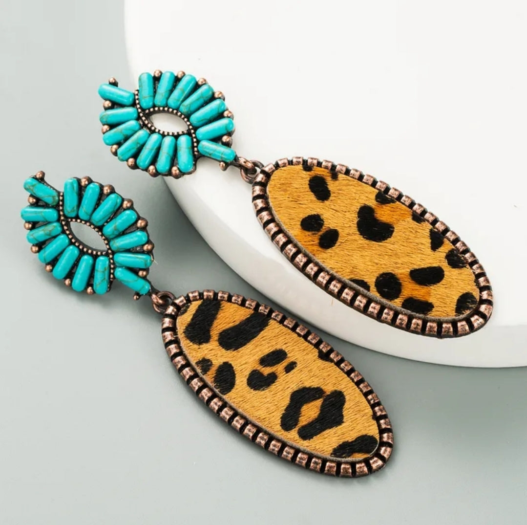 Western Fur Turquoise Leather Earrings