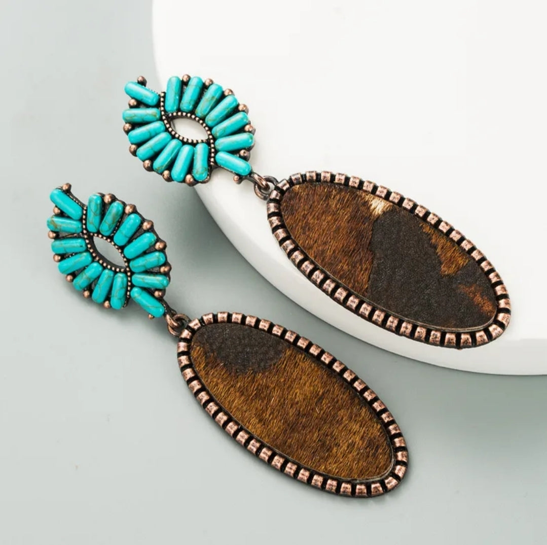 Western Fur Turquoise Leather Earrings