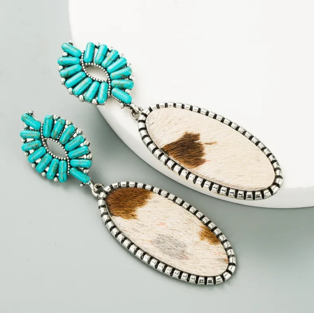 Western Fur Turquoise Leather Earrings