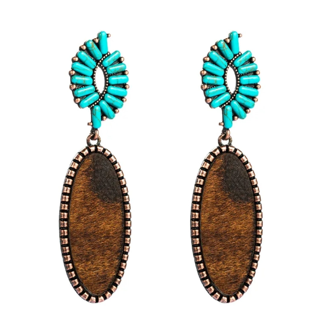 Western Fur Turquoise Leather Earrings