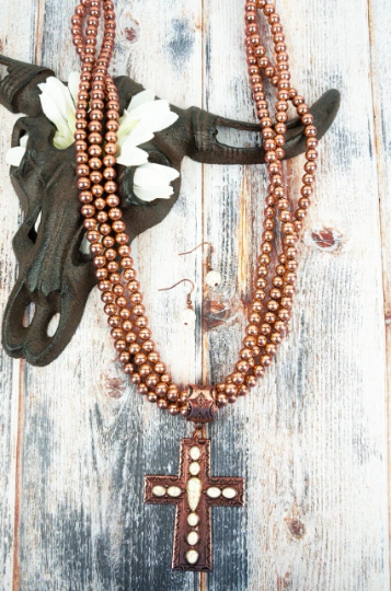 Cross Stone Beaded Multi Chain Necklace and Earrings