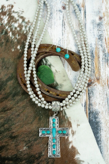 Cross Stone Beaded Multi Chain Necklace and Earrings