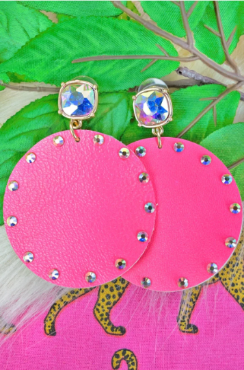 Round Leather Rhinestone Circle Earrings