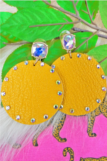 Round Leather Rhinestone Circle Earrings