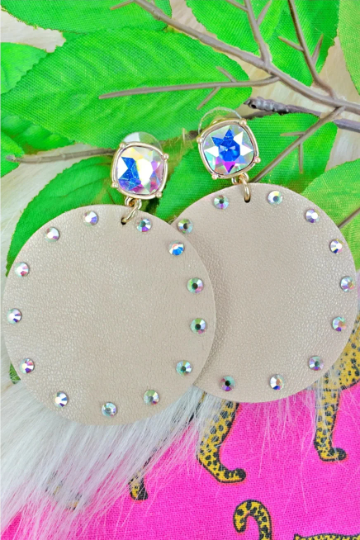 Round Leather Rhinestone Circle Earrings