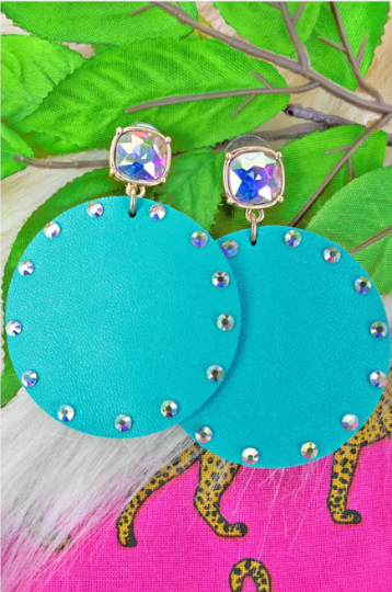Round Leather Rhinestone Circle Earrings