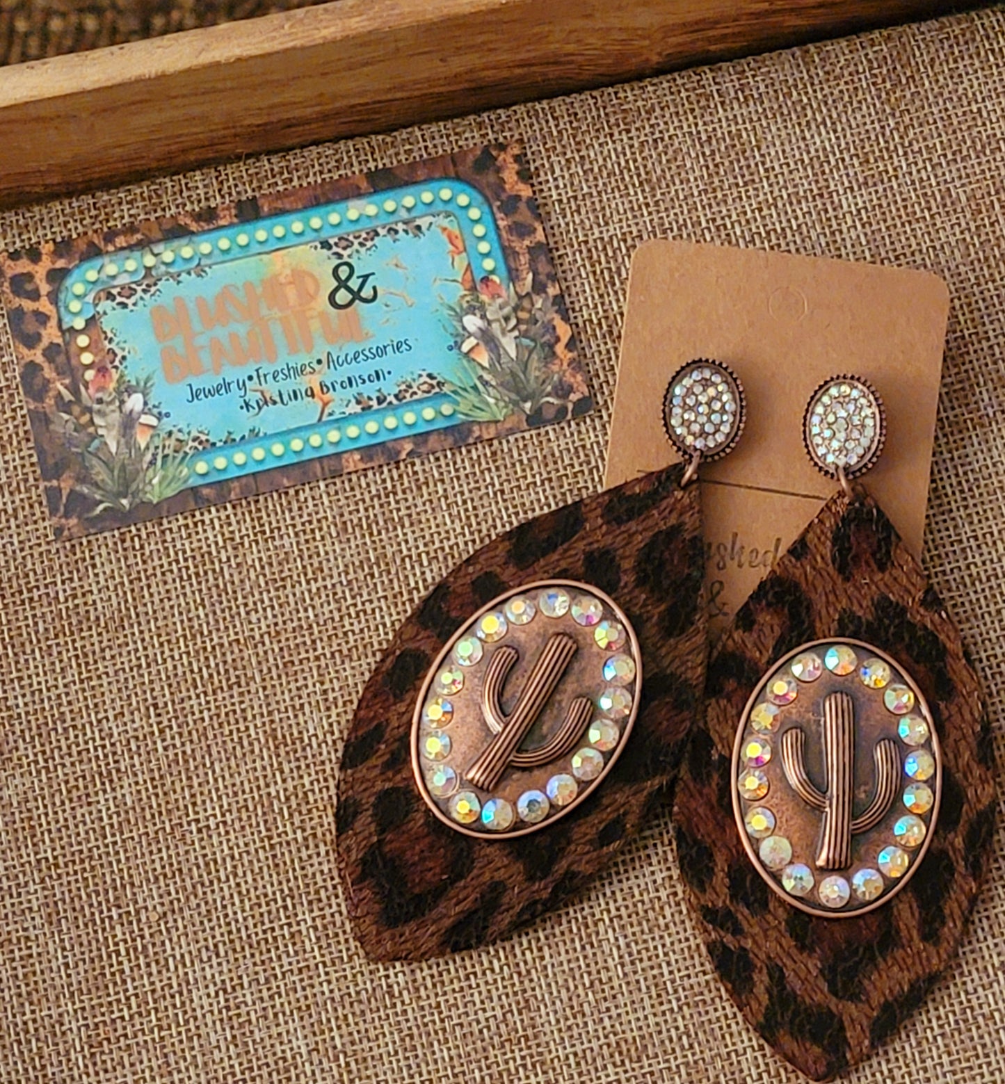 Western Chic Leather Leopard Cactus Earrings