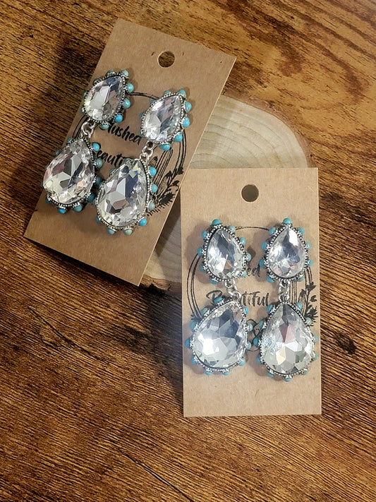 Turquoise & Rhinestone Teardrop Dangle Earrings