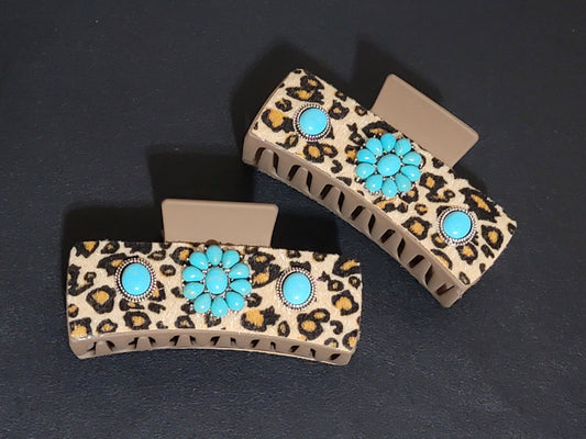 Turquoise Leopard Print Fur Claw Hair Clip