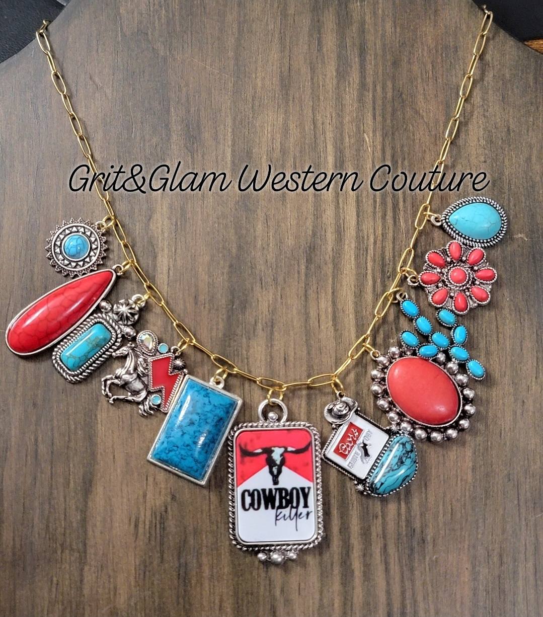 Turquoise & Red Western Charm Necklace