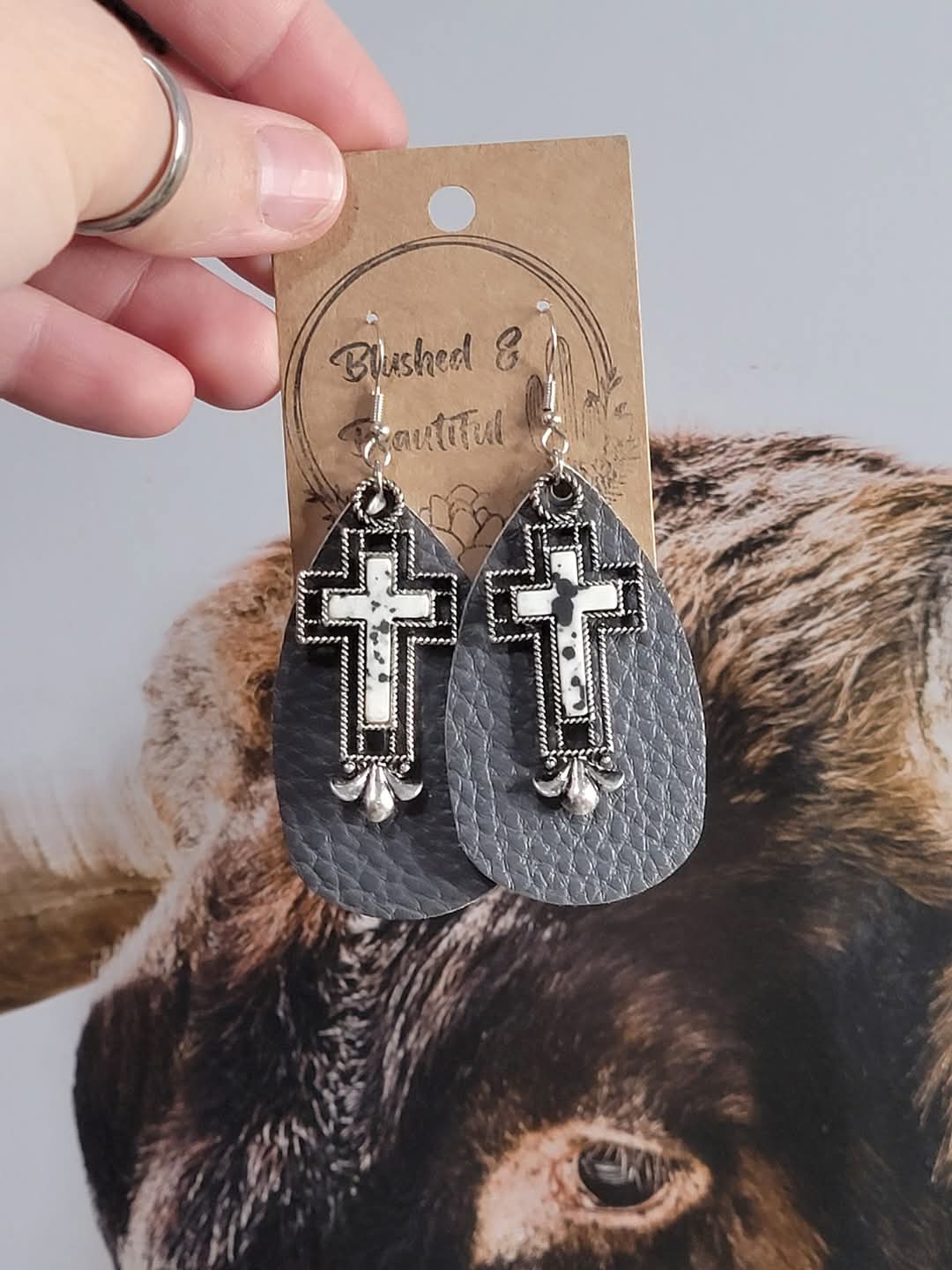 Cow Print Cross Leather Earrings