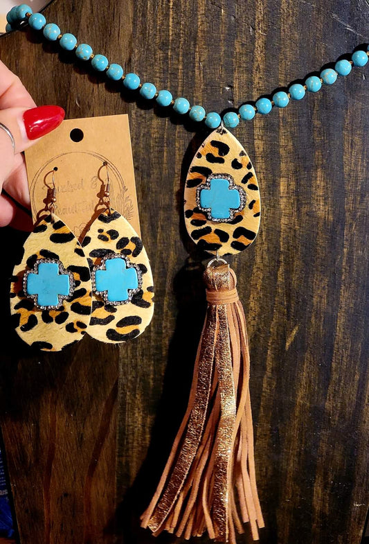 Leopard Turquoise Tassel Necklace & Earring Set