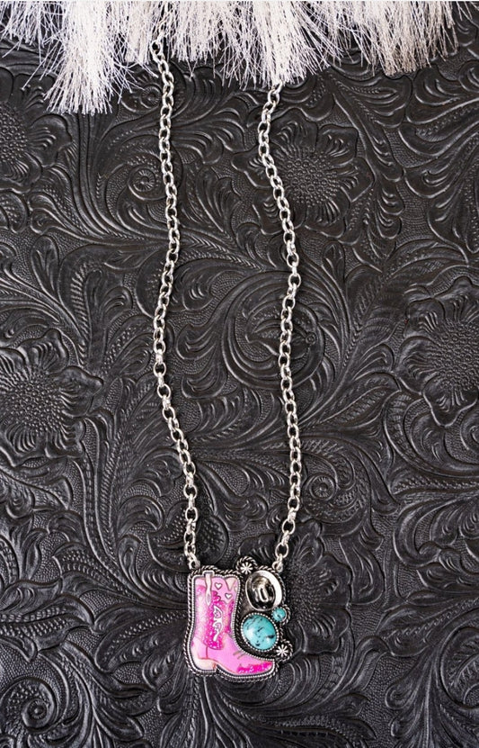 Pink Cowboy Boot and Stone Necklace