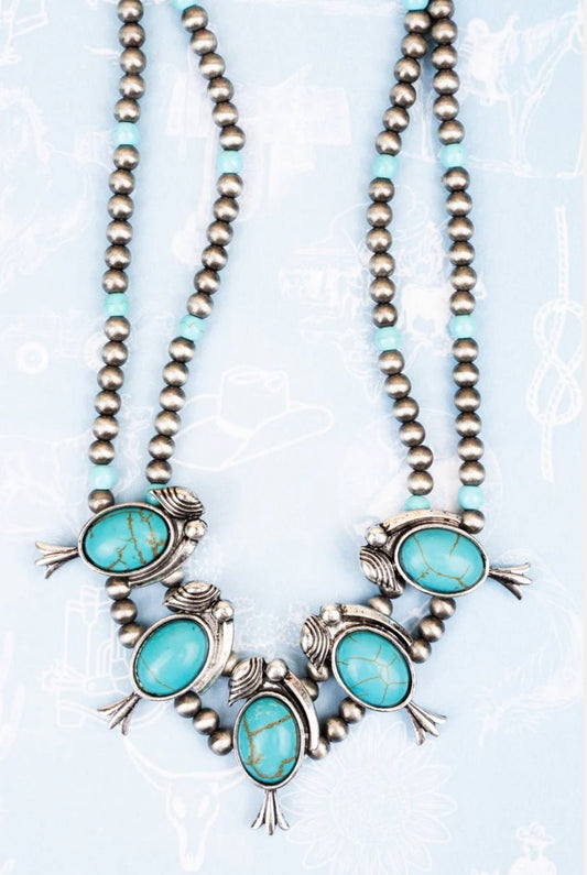 Textile Turquoise SQUASH BLOSSOM Silver Pearl Necklace