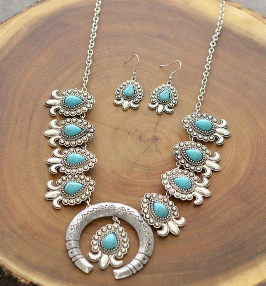 Western Turquoise Squash Blossom Jewelry Set