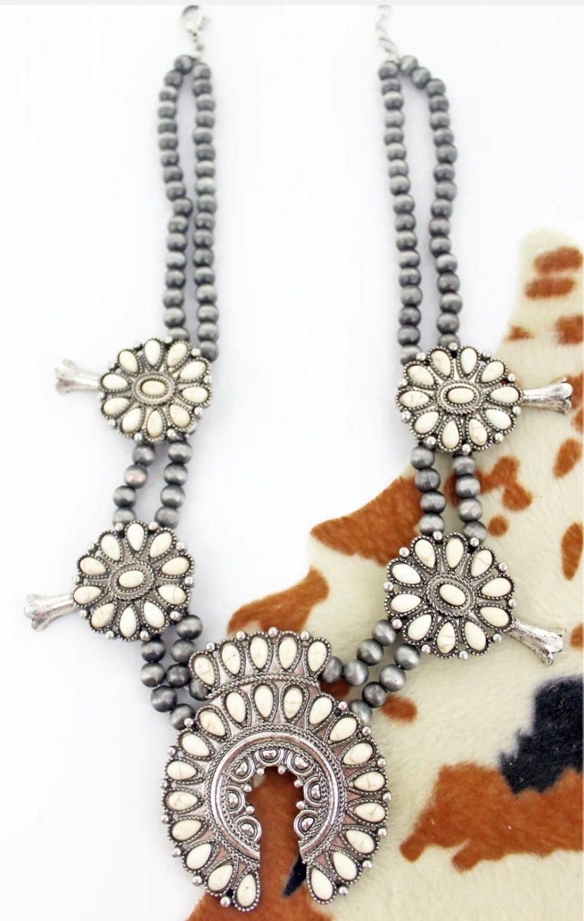 Navajo Western Howlite Squash Blossom Necklace