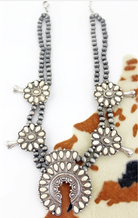 Navajo Western Howlite Squash Blossom Necklace