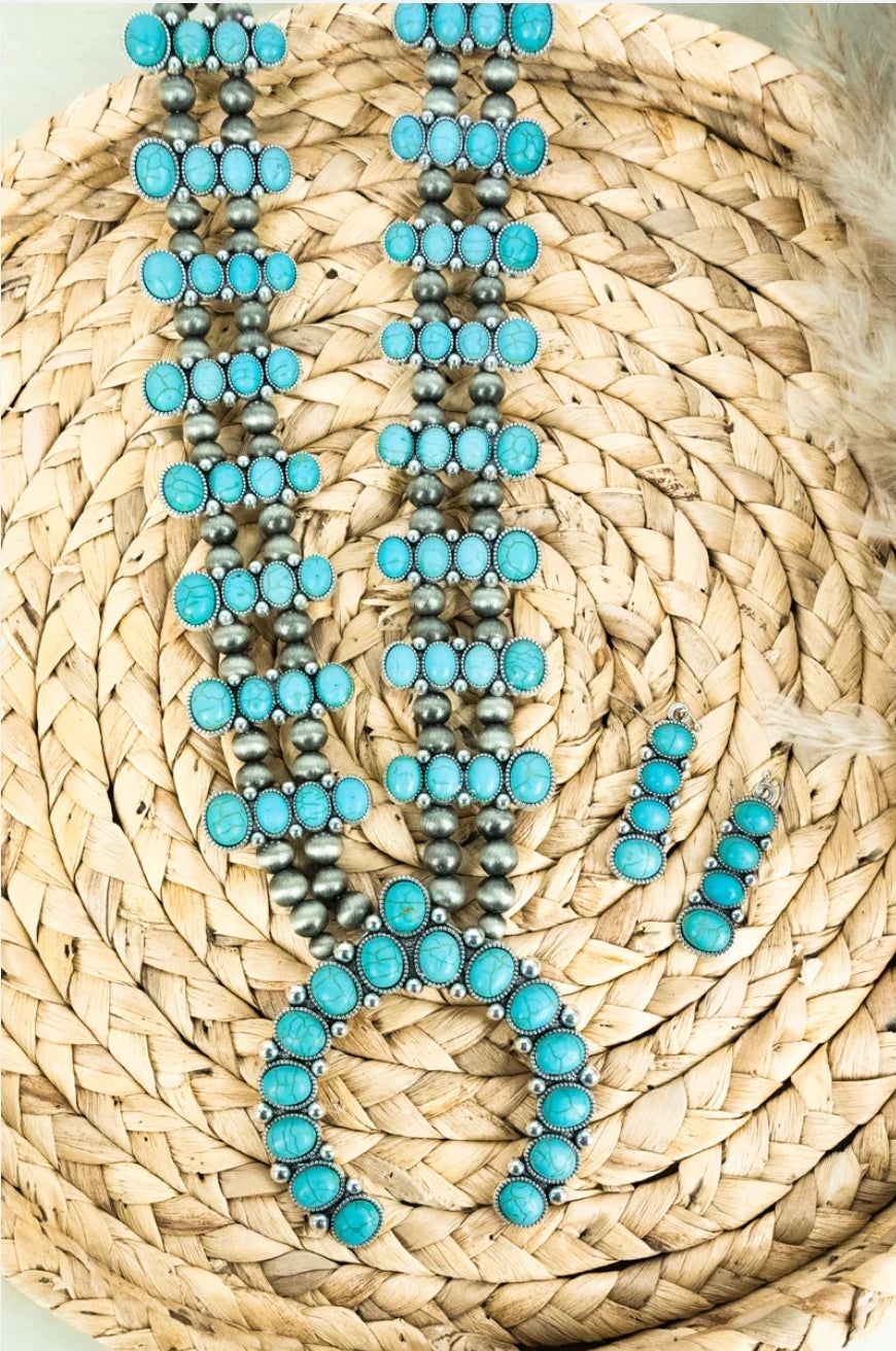 Turquoise Western Bar Squash Blossom Necklace & Earring Set