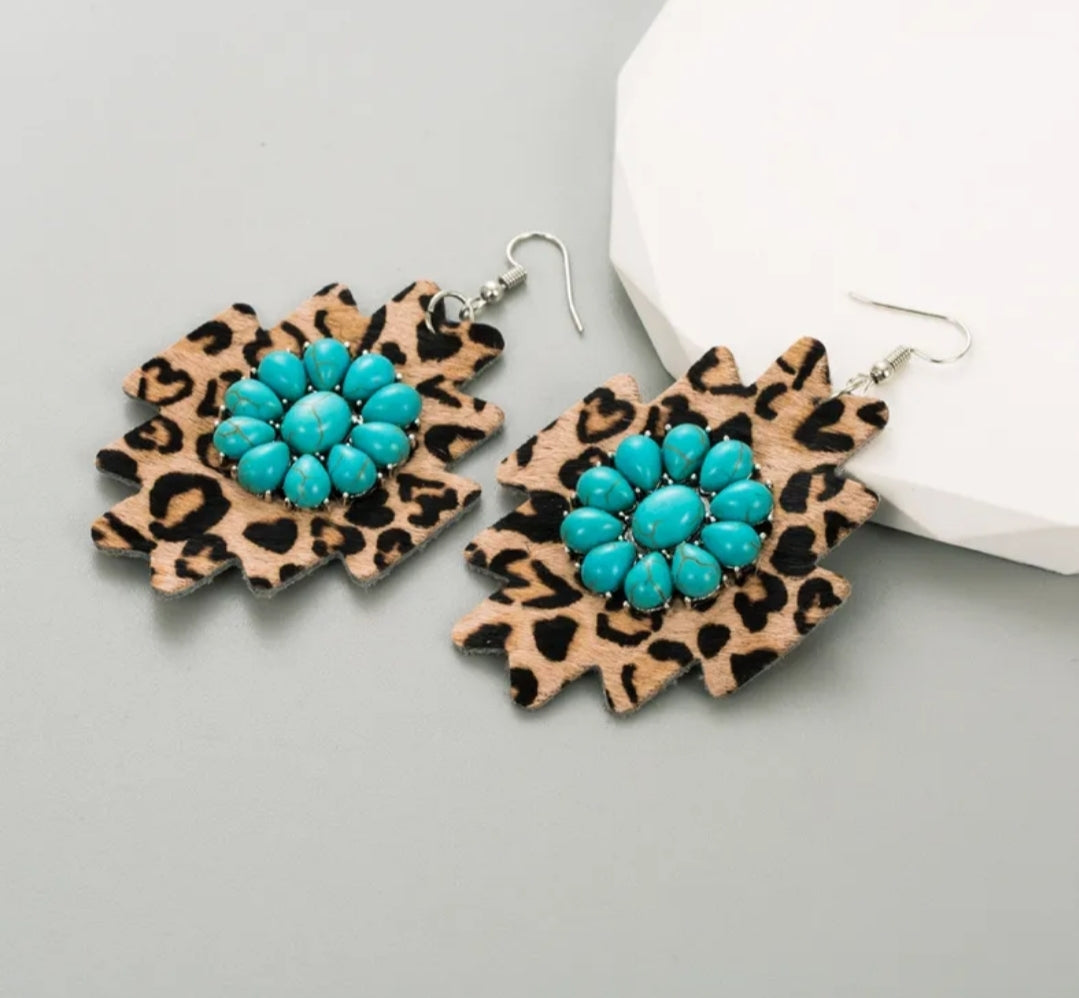 Southwestern Leather Aztec Stone Earrings