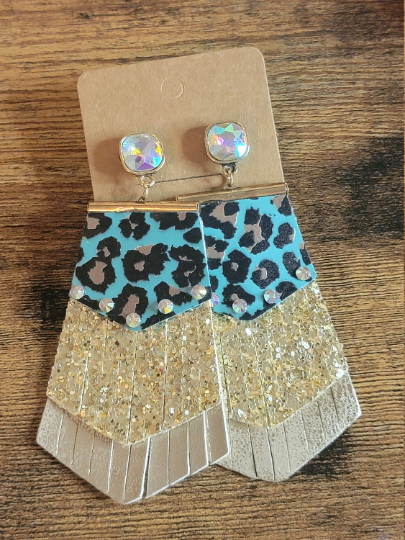 Layered Chic Teal Leopard Earrings