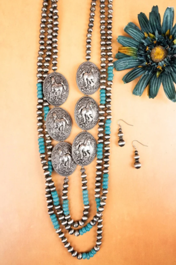 Horse Concho Beaded Multi Strand Necklace Set