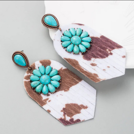 Brown Cow Print Leather Turquoise Earrings