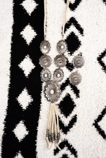 Silvertone Howlite Concho Cord Necklace & Earring Set