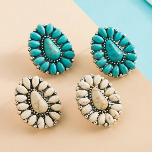 Western Stud Earrings - FLOWER BLOSSOM -Turquoise and Howlite Stone Style
