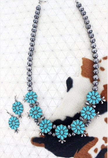 Turquoise Silver Pearl Necklace Set