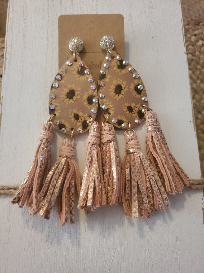 Leather Sunflower Rhinestone Tassel Earrings