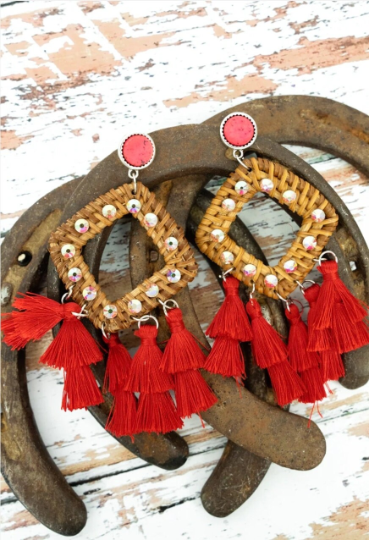 BOHO CHIC Earrings - Tassel Earrings - Rattan and Rhinestone Tassel Earrings