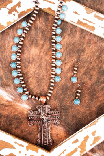 Cross Naja Turquoise and Silver Beaded Pearl Jewelry Set