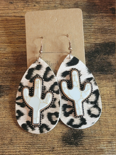 Retro Leopard Leather and Cactus Earrings