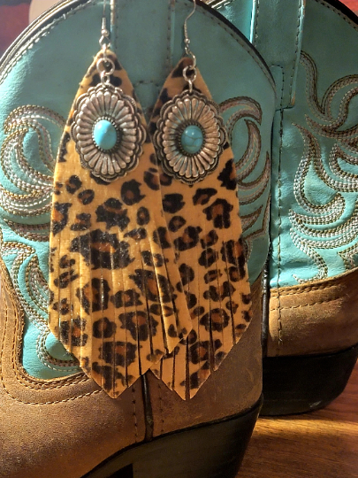 Concho Faux Shredded Leather Cow & Leopard Print Fringe Earrings