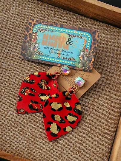 Red Leopard Leather Rhinestone Earrings