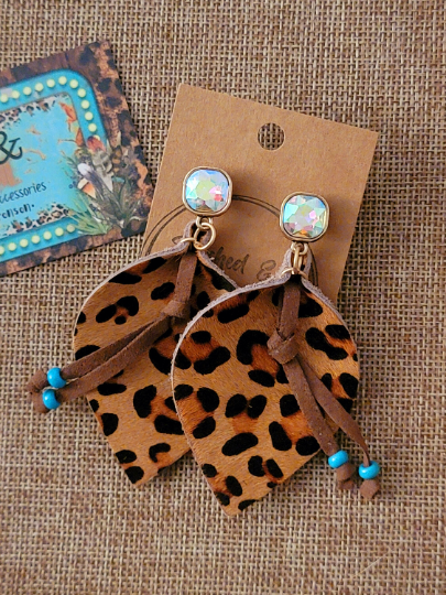 Brown Leopard Print Leather Leaf Earrings