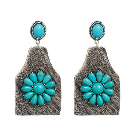 Gray Leather Earrings - Western - Turquoise Earrings