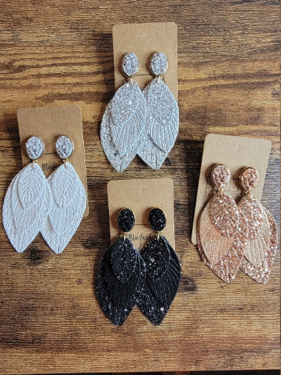 Boho Glitter Druzy Leather Leaf printed Earrings