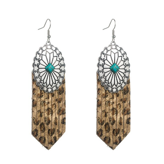 Leopard Turquoise Western Concho Leather Earrings