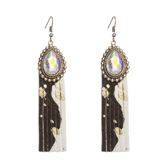 WESTERN EARRINGS - Rhinestone Leather Animal Print Earrings