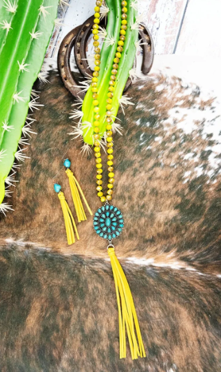 Yellow Beaded Turquoise Concho Necklace & Earring Set