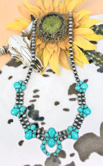 Silver Pearl Beaded Turquoise Naja Necklace